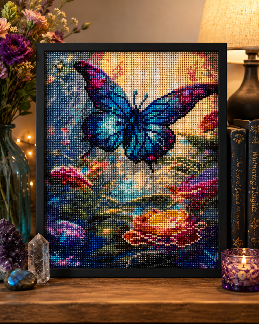Completed Diamond Art Blue Butterfly Floral Garden Sparkle Wall Decor 12x16